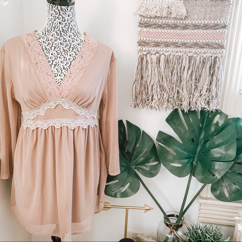 Vintage Boho Laced Mauve Babydoll V-neck Top SZ XL